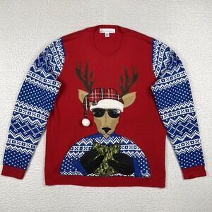 Jolly Sweater Mens XL‎ Red Reindeer Ugly Christmas Camo Drink Holder Pocket Xmas